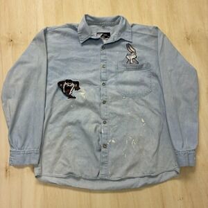 Vintage Looney Tunes Mens Large Blue Chambray Long Sleeve Button Up Distressed